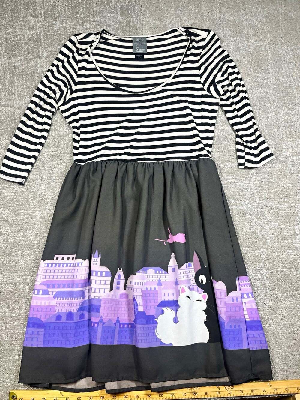 Kikis Delivery Service Jiji Black White Striped Graphic Print A-Line Dress L